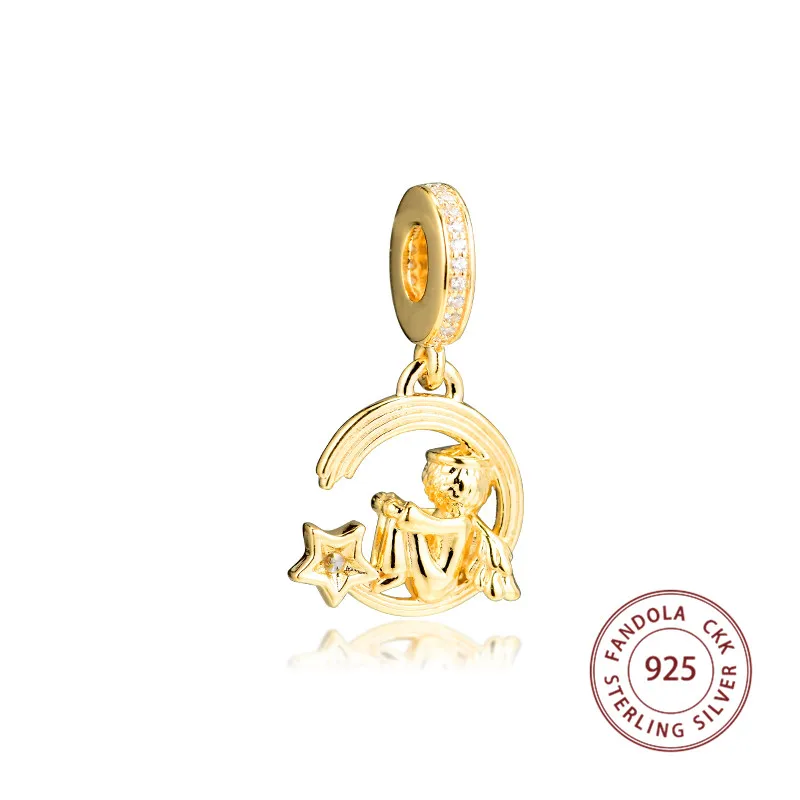 Подходит для браслетов Pandora berloques, 925 пробы, серебряный, блестящий, ангел и падающая звезда, Висячие Подвески, бусины для изготовления ювелирных изделий