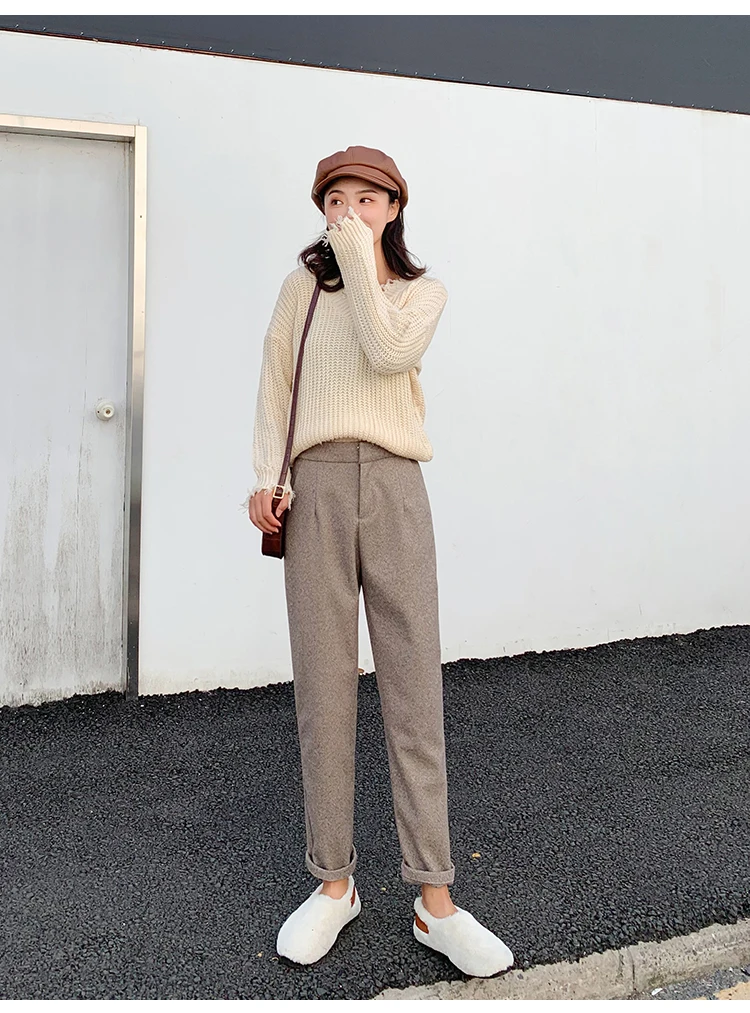 REALEFT, осень, зима, корейский стиль, OL, шерстяные Широкие штаны, высокая талия, женский костюм, брюки с карманами, женские повседневные свободные брюки