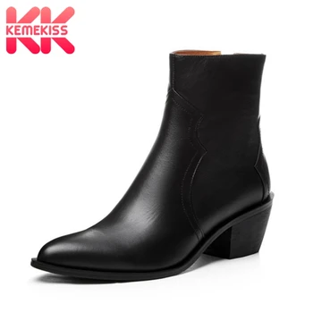 

KemeKiss Woman Ankle Boots Thick Heel Real Leather Zipper Woman Winter Shoes Fashion Cool Woman Shoes Footwear Size 34-39