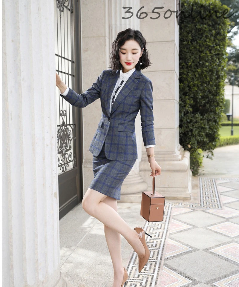 High Quality Fabric Elegant Plaid Autumn Winter Formal Women Business Suits with Skirt and Tops Ladies Office OL Styles Blazers