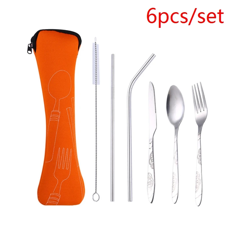 orange 6pcs 3 шт./6 шт./компл. Портативный Нержавеющая сталь набор столовых приборов цветок картина вилка ужин набор посуды домашней утвари посуды сумка - Цвет: orange 6pcs