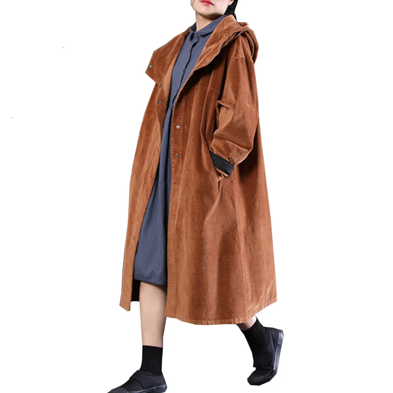 Верхняя одежда и пальто для женщин Весна Осень Мода корейский стиль с капюшоном Вельвет длинный рукав свободная длинная куртка для женщин