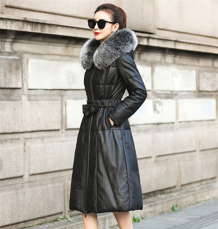 Jacket Women Winter Genuine Leather Jacket Womens Duck Down Jacket Fox Fur Collar Plus Size Long Overcoat Sheepskin Coat Q110
