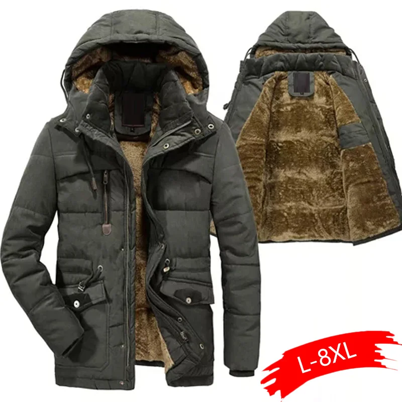Мужская Зимняя парка Pakas 6XL 7XL 8XL, толстая теплая парка с флисовым мехом и капюшоном, военная куртка с карманами, ветровка, Мужская парка больших размеров