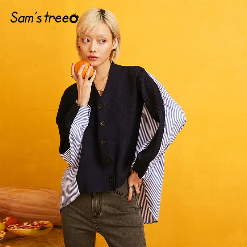 

SAM'S TREE Blue Striped High Low Minimalist Women Tops 2019 Autumn Long Sleeve Patchwork Single Button Casual Female Blouses