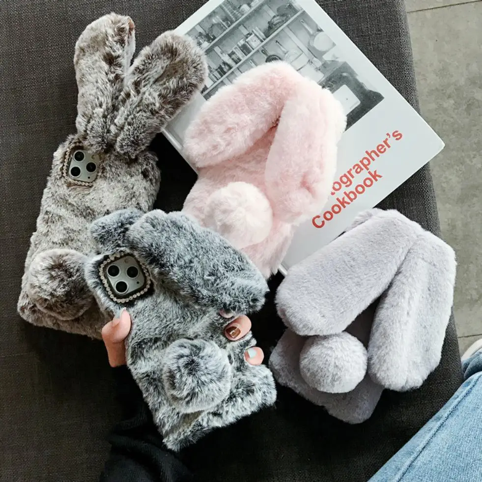 

For Apple iPhone 11 Pro XS Max XR X 8 7 6 6S Plus Luxury Comfort Furry Rabbit Solid Plush Phone Case Leopard Cover Winter Autumn