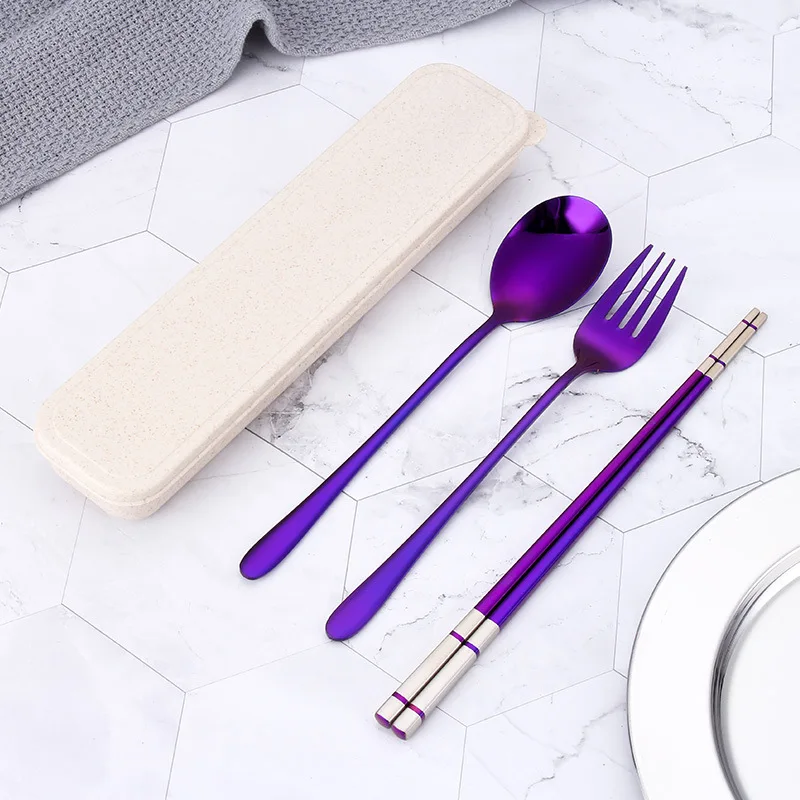 Purple 3 шт./компл. палочки дозирующая детская ложка для вилки и ложки Портативный Western Кухня дорожные инструменты для кемпинга на природе, Нержавеющая сталь посуда - Цвет: Purple