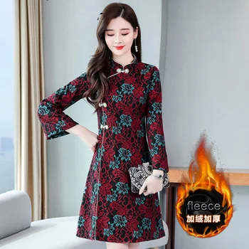 

Plus Size Cheongsams Chinese Style Qipao Dress Long Sleeve Winter Fleece Warm Thick Improve National Traditional New Year Dress