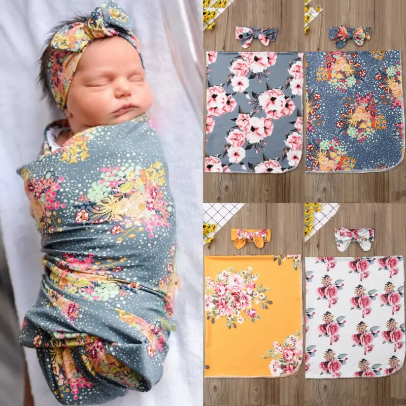 Детское одеяло для сна с цветочным принтом для пеленания девочек+ повязка на голову для детей от 0 до 6 месяцев