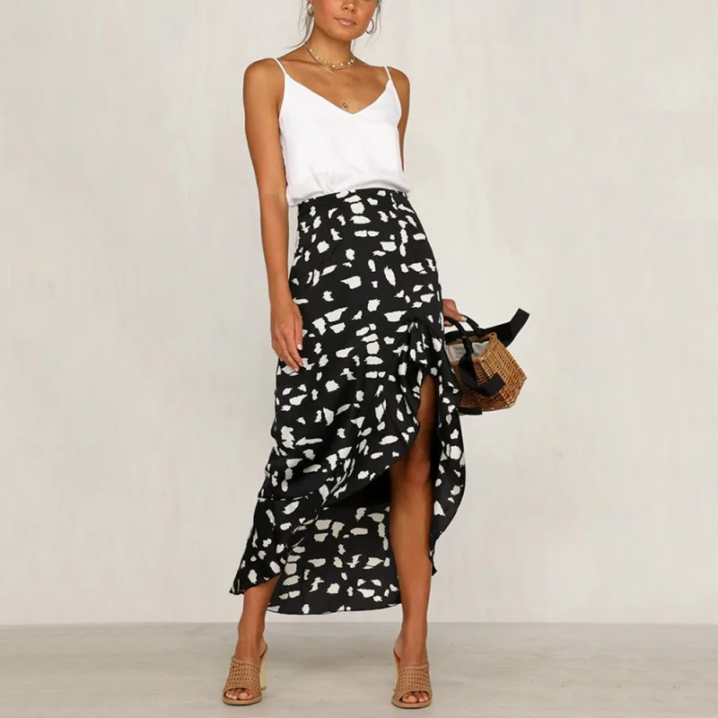 Woman Long Grid Skirt Solid Color Front Cross Split Maxi Beach Skirt S-XL 3Color