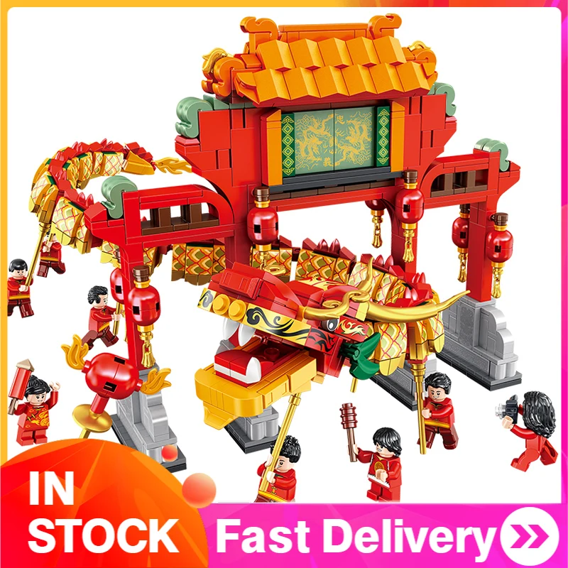 

610006 Creative Architecture PANLOS Chinese New Years Dragon Dance Set Building Blocks Lion Dance Figures Bricks Kid Toys