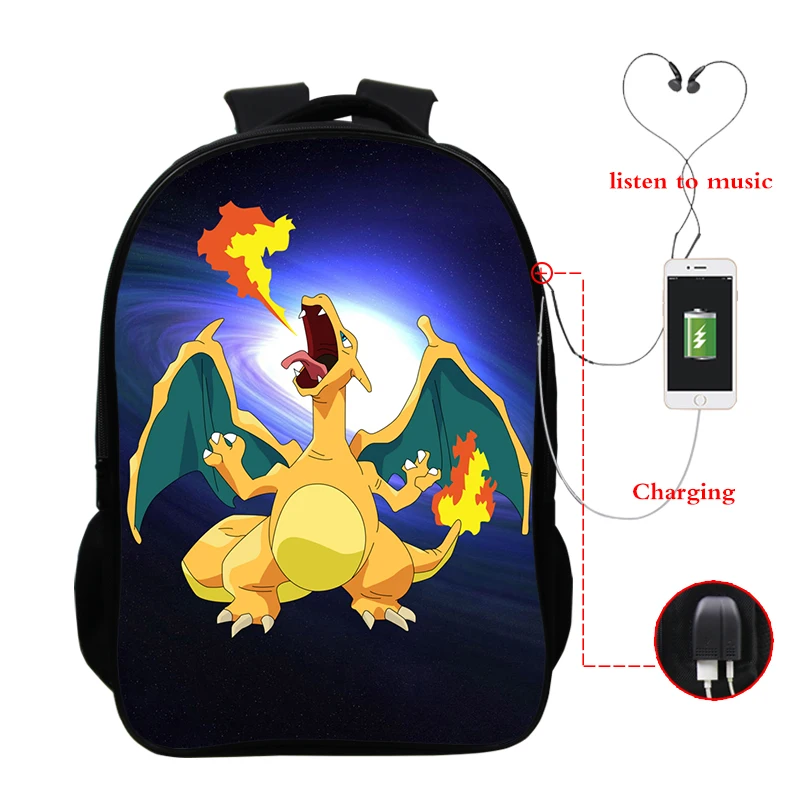 Galaxy Charizard рюкзак с зарядкой через Usb 16 дюймов Pokemon дорожные сумки через плечо Водонепроницаемая школьная сумка для мальчиков и девочек