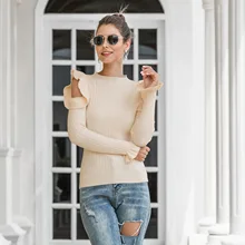 New Fashion Autumn Winter Women Sweater Off Shoulder O Neck Knitted Pullover Ruffles Flare Sleeve Female Jumper 2020 Pull Femme