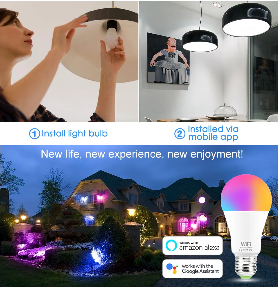 Умный WiFi светильник, меняющий цвет, B22, E27, 15 Вт, RGB, волшебная лампа, светильник для пробуждения, совместимый с Alexa и Google Home Assistant