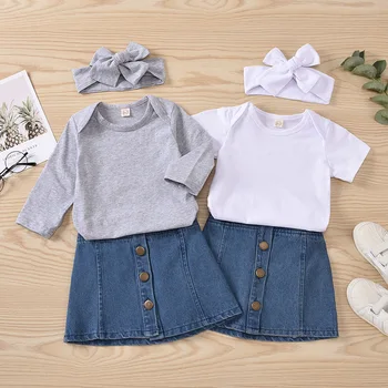 

kids baby girls autumn LONG sleeve tops bodysuits solid jumpsuits buttons denim skirts bow headbands toddler clothes sets 3pcs
