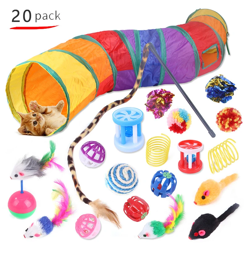 20 Pcs Cat Toy Kit Collapsible Tunnel Indoor Kitten Interactive Teaser Wand Mice Ball Pet Fun Channel Crinkle Ball Cat Supplies