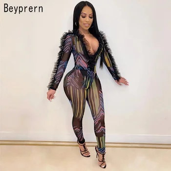 

Beyprern Unique Fungus Edge See-Through V-Neck Jumpsuit Vintage Ruffles Details Printed Mesh Jumpsuit Special Occasion Outfits