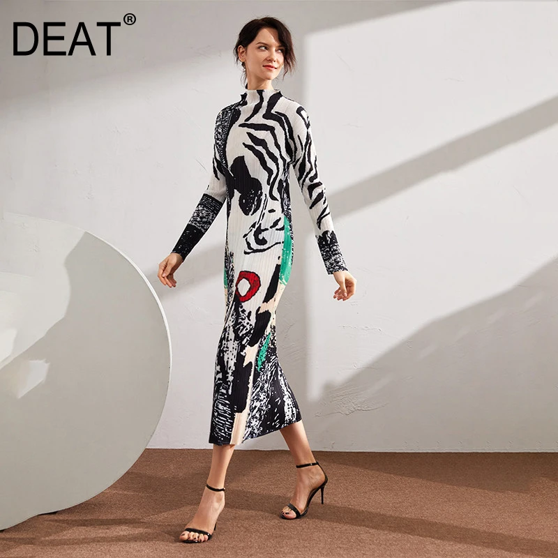 DEAT Pleated Dress Women Vintage Style Zebra Pattern Hit Color Over Long Elegant Stand Collar 2022 New Spring Fashion HT332 | Женская