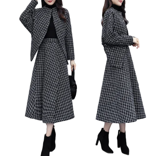 

Ladies 2 Piece Skirt Suit 2020 Autumn Winter Houndstooth Cardigan Jacket Coat and Midi Long A Line Skirts Fashion Casual Plaid