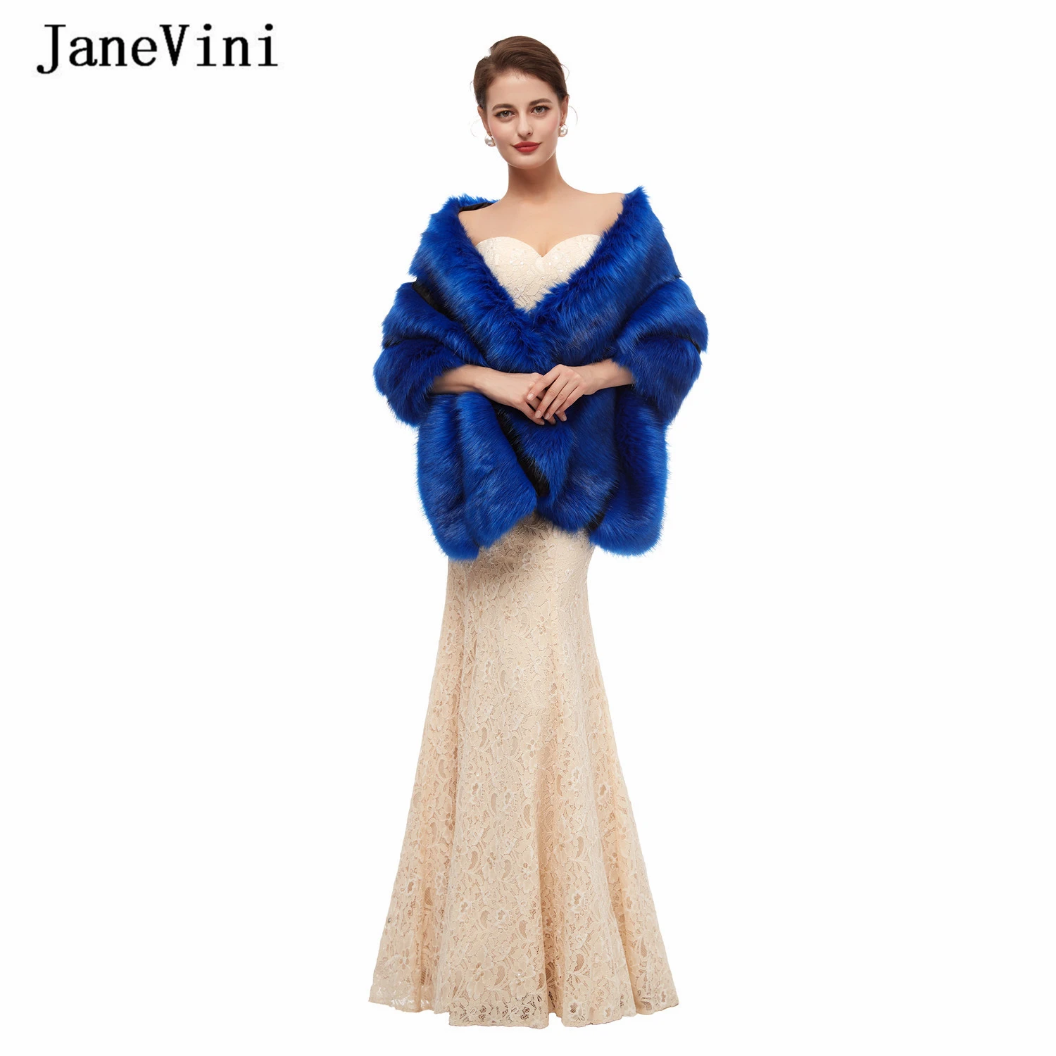 

JaneVini 2020 Royal Blue Wedding Fur Coat Women Faux Fur Wrap Shawl High Quality Winter Bolero Bridal Capes Wedding Accessories