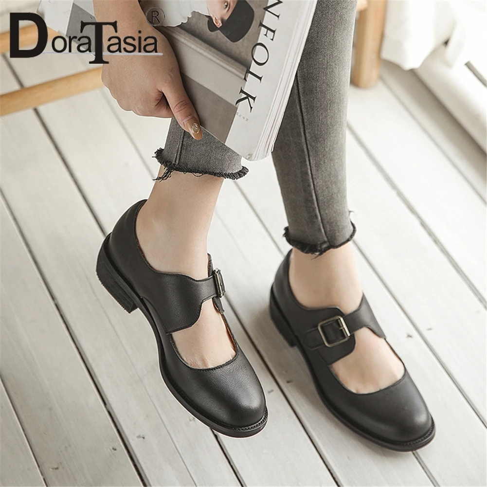 

DORATASIA New Spring Ladies Shallow Med Chunky Heels Pumps 2020 Elegant Comfort Pumps Women Retro Genuine Leather Shoes Woman