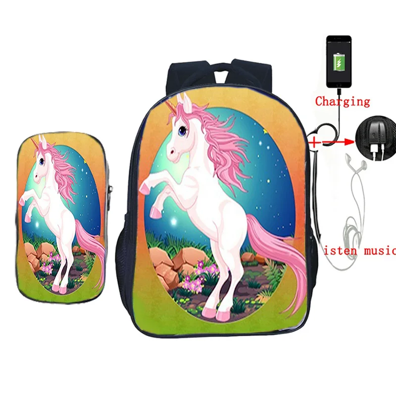2 шт./компл. Kawaii Единорог школьная сумка USB зарядка мочилы для подростков мальчиков девочек ежедневный рюкзак дорожные сумки - Цвет: 6