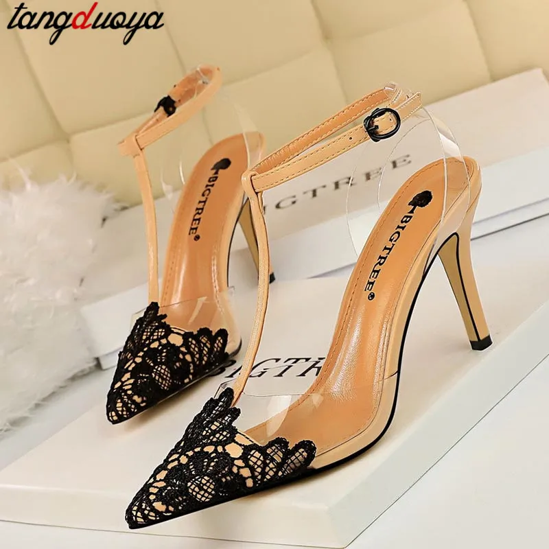 

Sexy sandals women's high-heeled lace sandals transparent pin buckle women's shoes stiletto sandals party heels Zapatos de mujer
