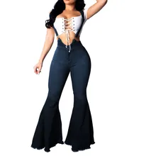 Широкие брюки, женские джинсы на лямках, модные, одноцветные, эластичные, высокая талия, свободные, на лямках, расклешенные джинсы, Vaqueros Mujer