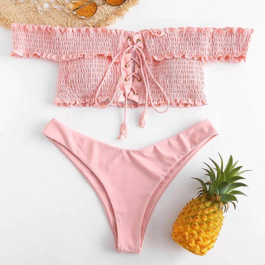 

#H40 Off Shoulder Women Bikini Set Shirred Lace-up Bikini Set Swimsuit Women Push Up Swimwear Beach Wear Bathing Suit Women