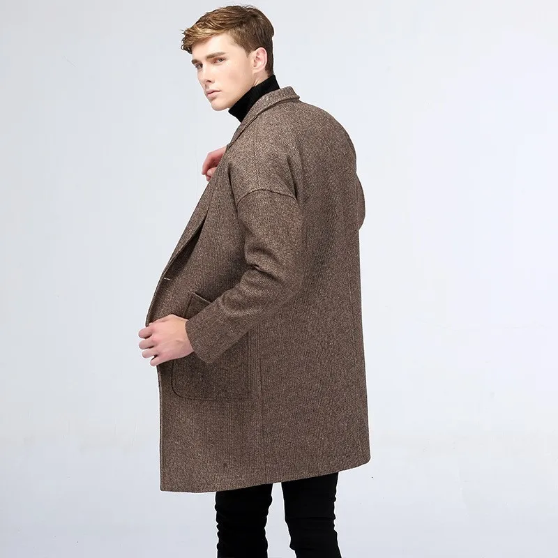 Top Quality Mens Falling Shoulder Single Button Medium Length Windbreaker Fashion Slim Wool Blends Casual Lapel Casaco Masculino