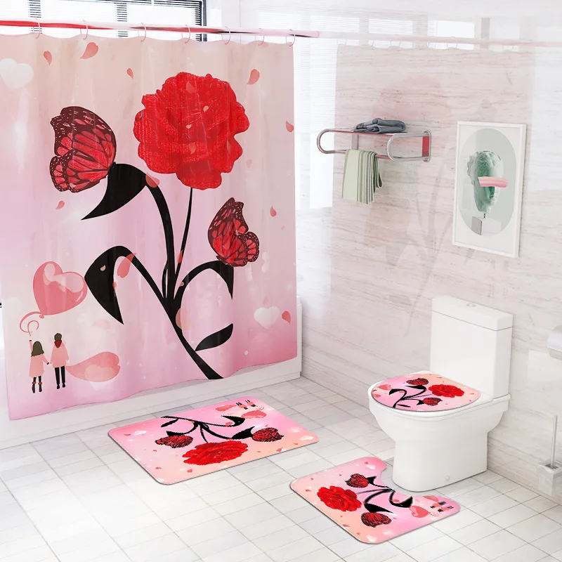Printed Floral Bath Mat and Shower Curtain Set Bath Carpet for Valentine