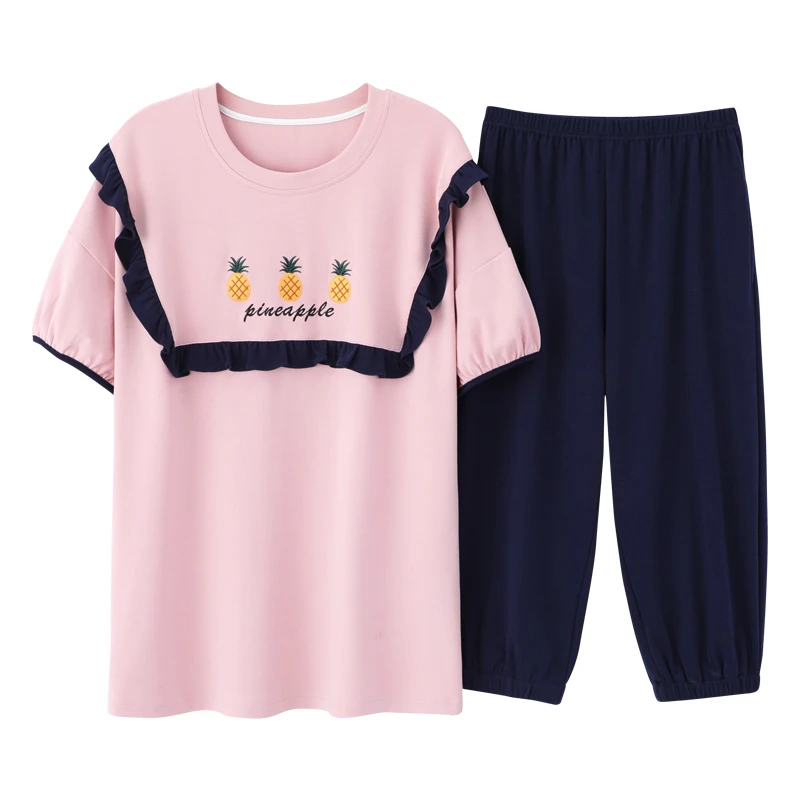 

Pajamas for Women Round Neck Cotton Fashion Ladies Short Sleeves Sweet Fruit Printed Sleepwear Summer Girl Home Clothes Suit