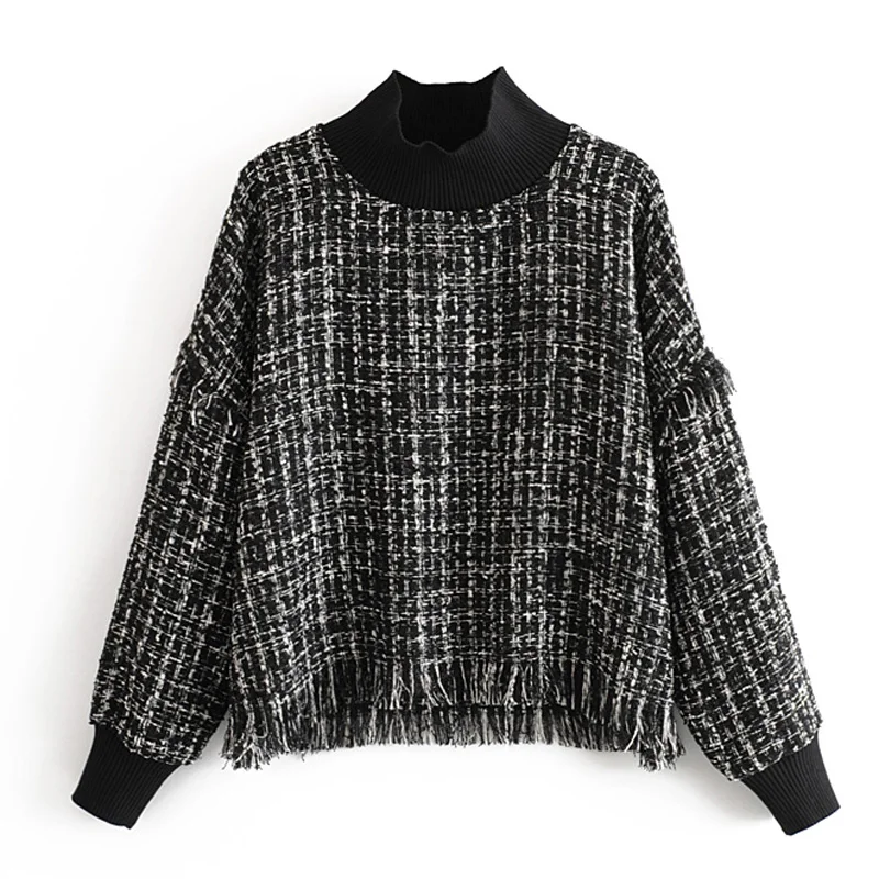 

Fandy Lokar Turtleneck Tshirts Women Fashion Soft Tassel Tops Women Elegant Plaid Printed Long Sleeve Tees Female Ladies IK