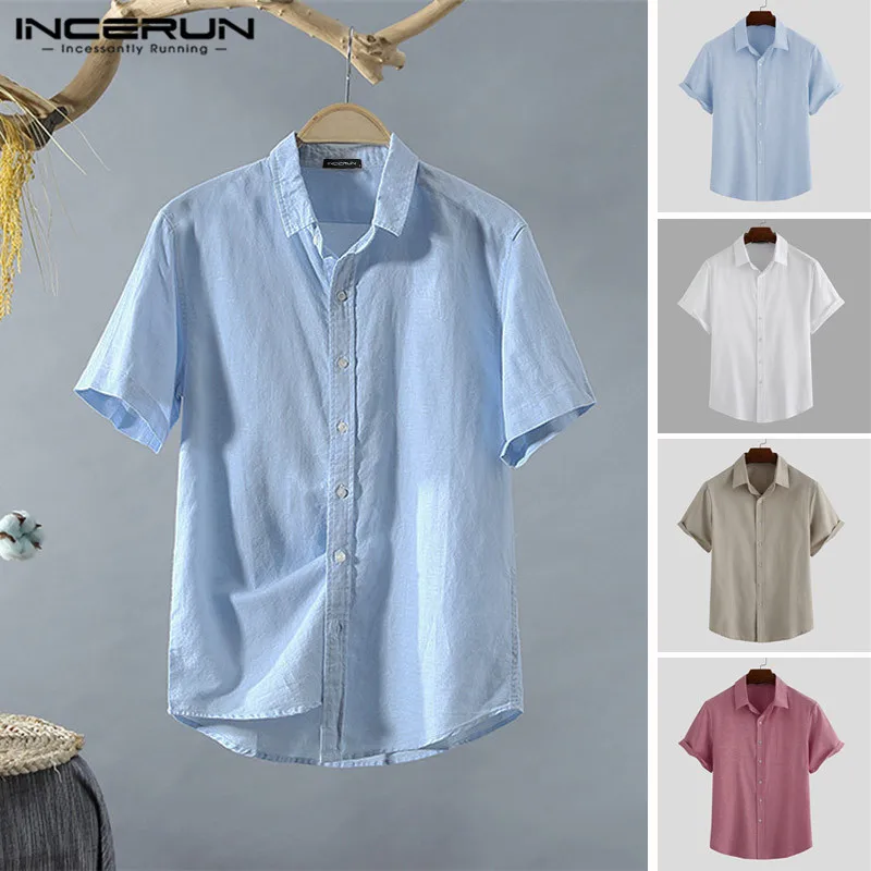 Mens Short Sleeve Shirts Solid Color Tops Lapel Basic Holiday Shirt Fashion Man Summer Blouse Button Casual Camisa Plus Size7