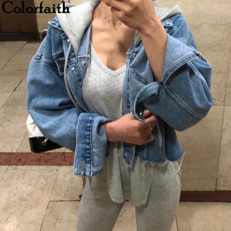 Colorfaith Новинка осень зима женские джинсовые куртки Лоскутная Верхняя одежда с капюшоном Высокая уличная мода женские джинсы JK8929