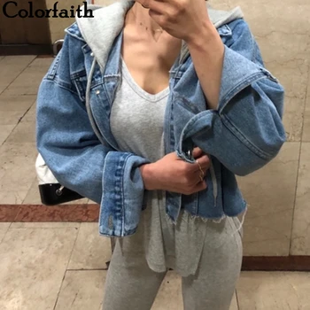 

Colorfaith New 2019 Autumn Winter Women Denim Jackets Patchwork Hooded Outerwear High Street Fashionable Ladies Jeans JK8929
