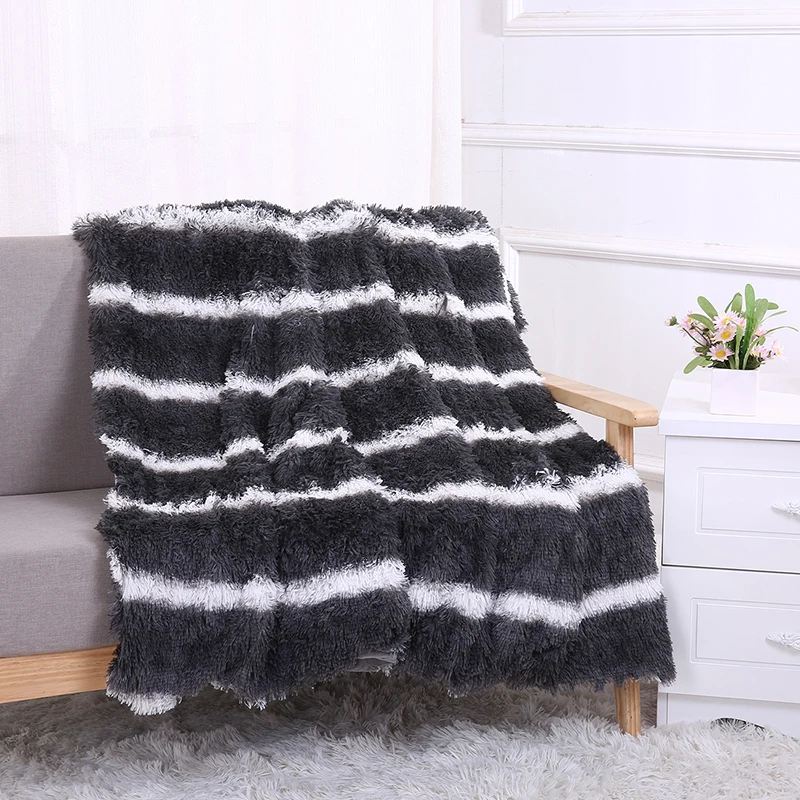 Однотонное Полосатое одеяло, супер мягкое длинное плюшевое одеяло из искусственного меха, теплое двухместное покрывало для домашнего дивана, декора спальни