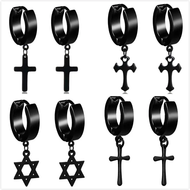 

New Men's Stainless Steel Drop Dangle Earrings Black/Silver Color Cross Gothic Punk Rock Style Jewellery