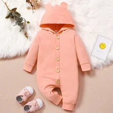 Barboteuse à manches longues pour bébé fille de 0 à 18 mois, vêtement d'hiver en coton, solide, simple boutonnage, à capuche, 2021