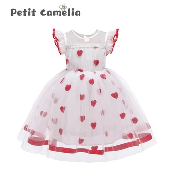 

Summer Thin Children Clothes Small Flying Sleeves Gauze Printing Princess Dress Skirt Heart-Shaped Embroidered Pettiskirt Dress
