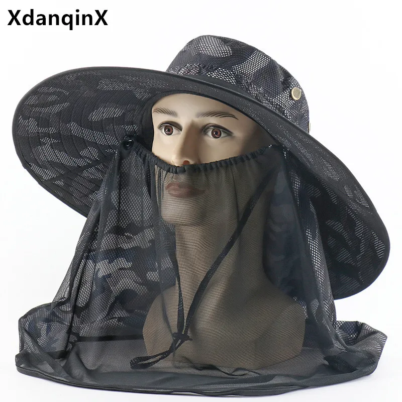 

XdanqinX Novelty Summer Men's Camouflage Hat Mesh Breathable Bucket Hat Women's Oversized Brim Shawl Anti-mosquito Beach Hats