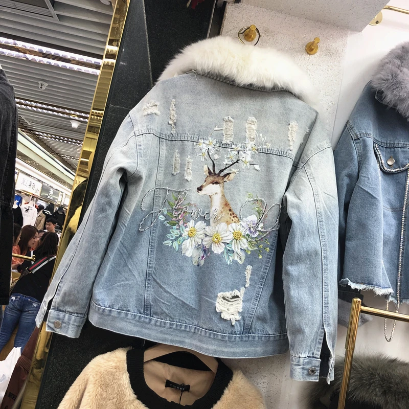 Парка женская зимняя из денима с подкладкой шерсти бусинами | Женская одежда