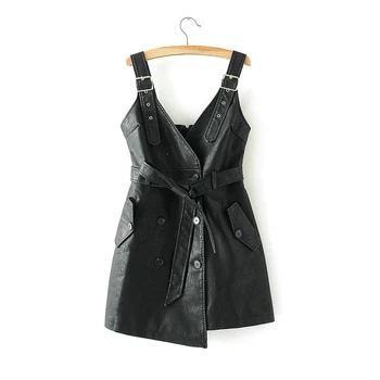 

Spring Autumn Women PU Faux Leather Dress With Belt V Neck Sling Sexy Slim Retro Irregular Black Package Hip Mini Dress Vestidos