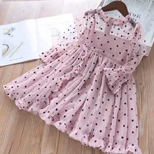 Кружевное платье в горошек для девочек; элегантная одежда для маленьких девочек; Детские платья для девочек; платье с длинными рукавами для дня рождения; одежда для детей