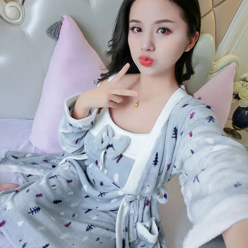 

Autumn And Winter New Style Women's Flannel Two-Piece Set Women's Robes Winter GIRL'S Nightgown Winter Casual Hipster Home Wear
