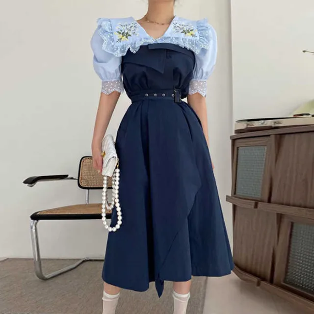 [EWQ] Korea Fashion Trend Women Doll Collar Embroidery Stitching Puff Sleeve Shirt+high Waist Loose Skirt Suit Summer 2021 6E922 4
