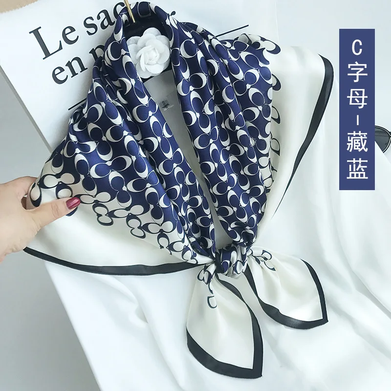 C letter navy blue YHFJ9090CZMH Новая мода 90 см квадратные шарфы весна и осень зима солнцезащитный платок шелковый шарф - Цвет: C letter navy blue
