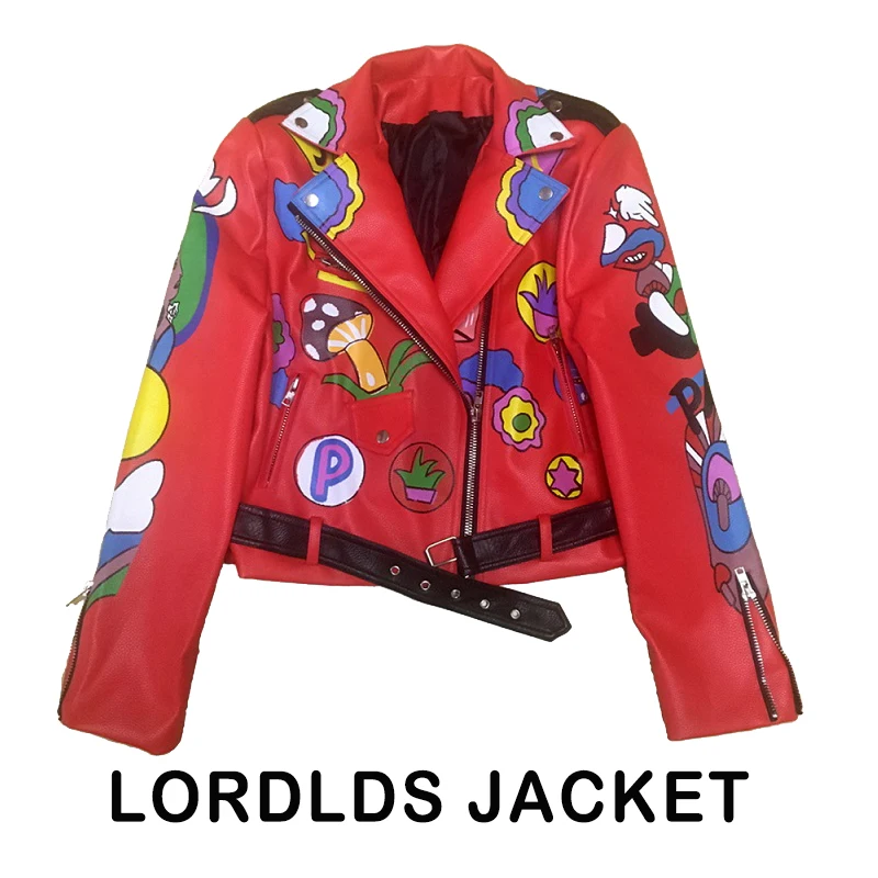 white bubble coat LORDLDS Red Leather Jacket Women Graffiti Colorful Print Moto Biker Jackets and Coats PUNK Streetwear Ladies Clothes waterproof parka