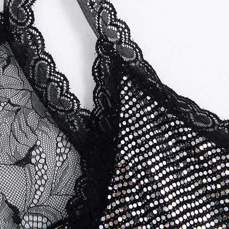 Новые сексуальные блестящие Sequnied Женские топы и блузки Camis V шеи без рукавов кружева лоскутное эластичные женские майки Твердые шикарные женские топы