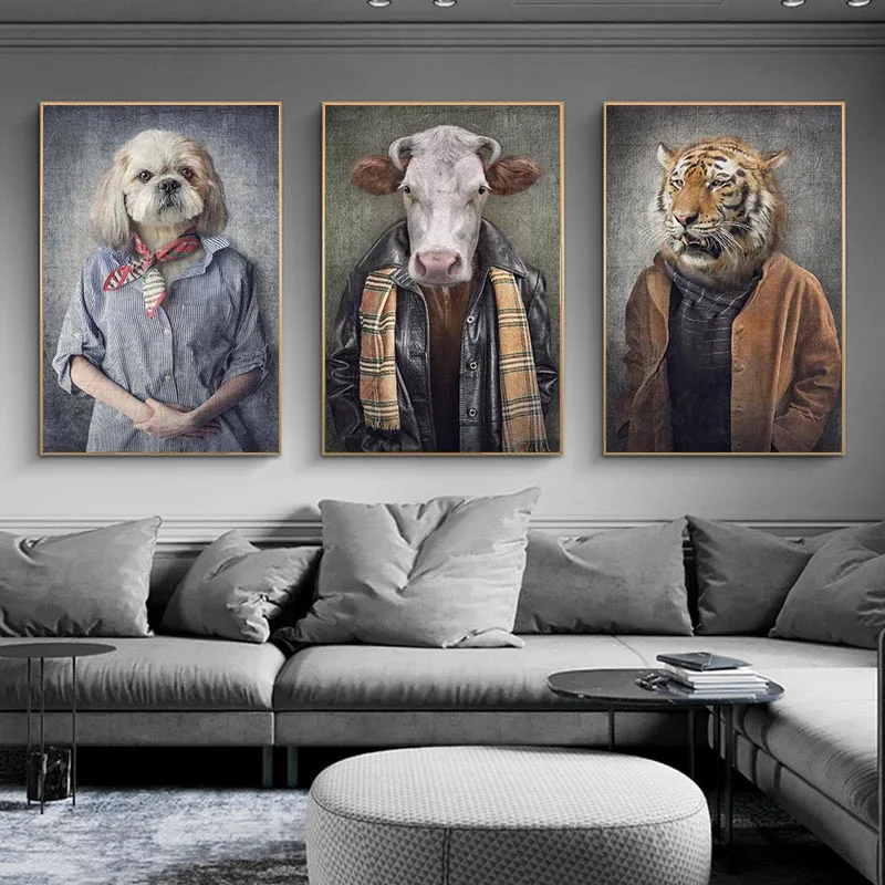 Animals in Human Clothes Paintings on the Wall Printed on Canvas
